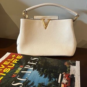 Valentina white purse. Used once + stored. Clean. See smudge of denim dye. Cute
